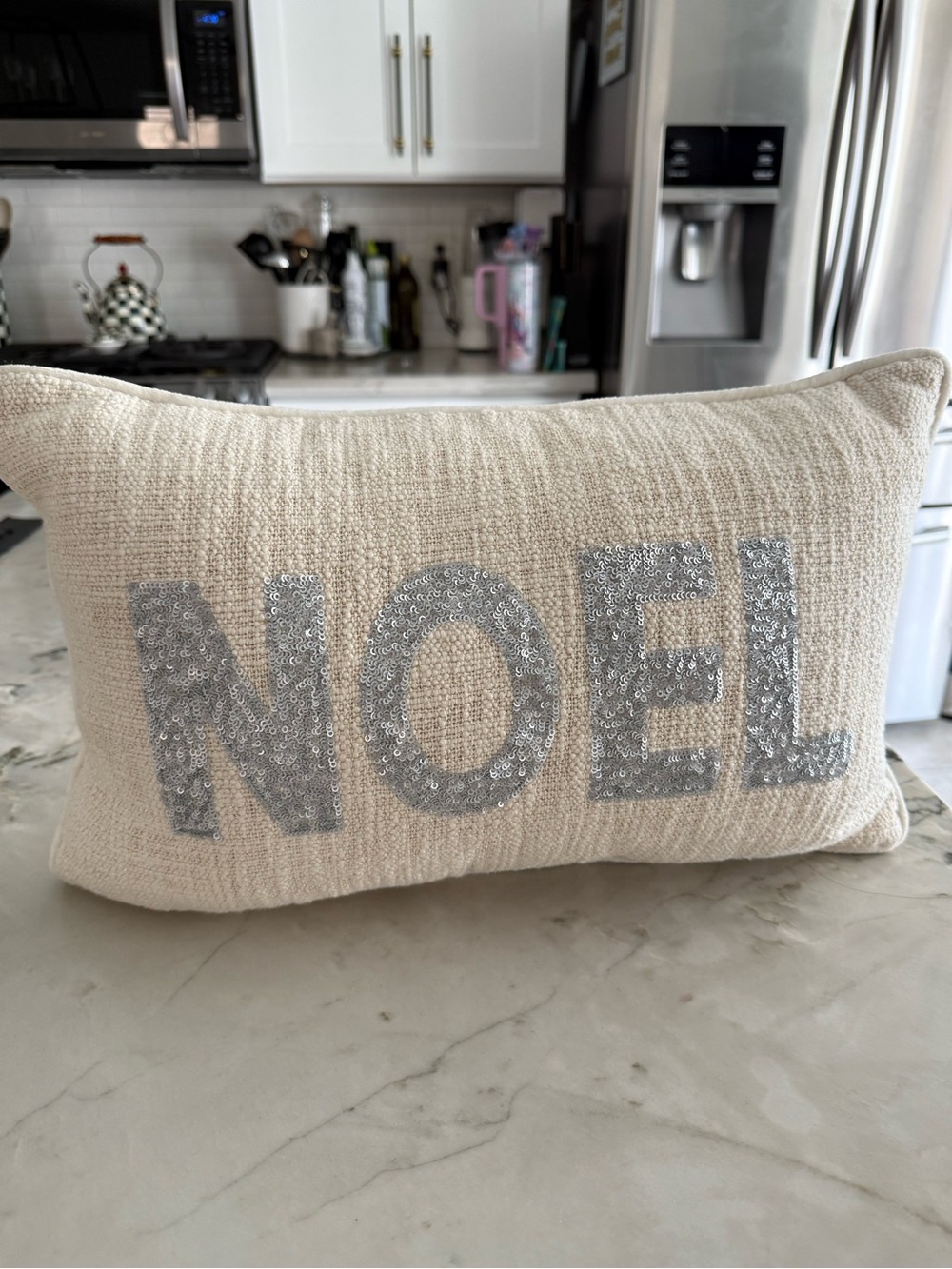 Holiday Noel Sequin Accent Pillow - Cream and silver